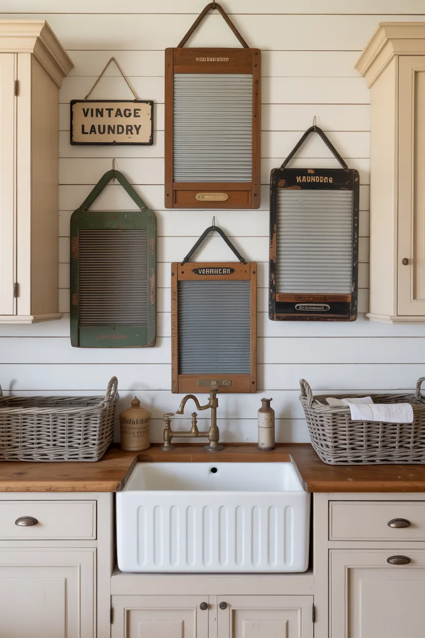 Farmhouse Laundry Room With Vintage Washboard Decor