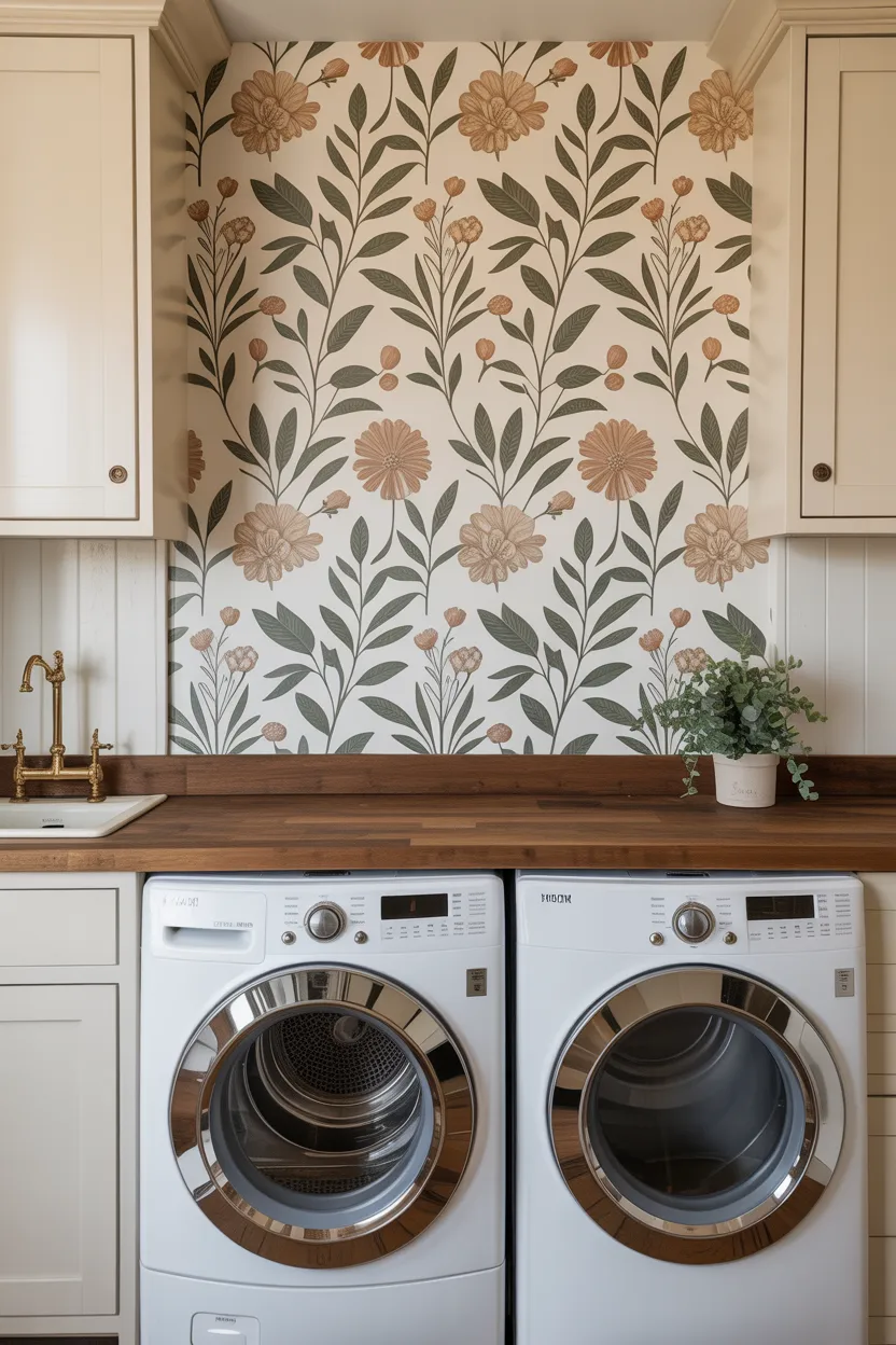 Farmhouse Laundry Room With Wallpaper Accent
