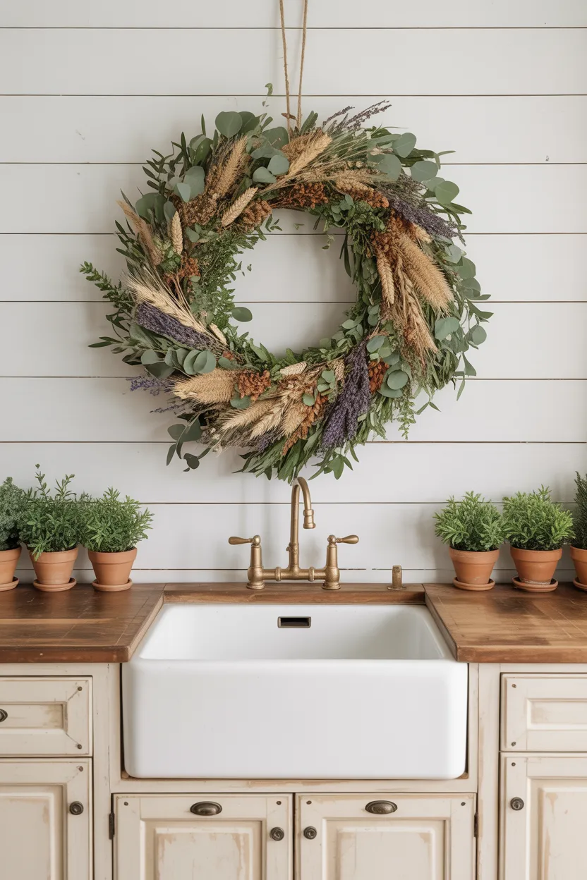  Farmhouse Laundry With Hanging Wreath Decoration
 Farmhouse Laundry Room Ideas 