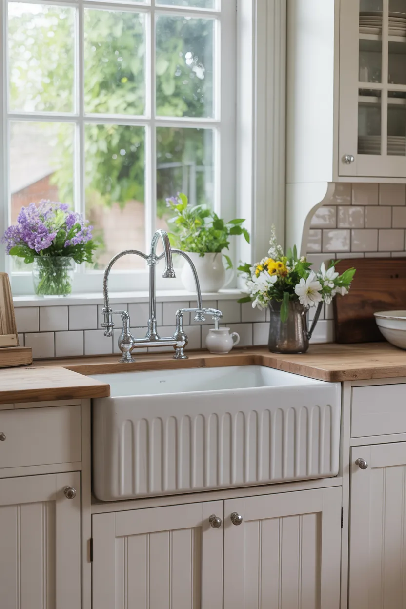 Farmhouse Sink in a White Cottage Kitchen