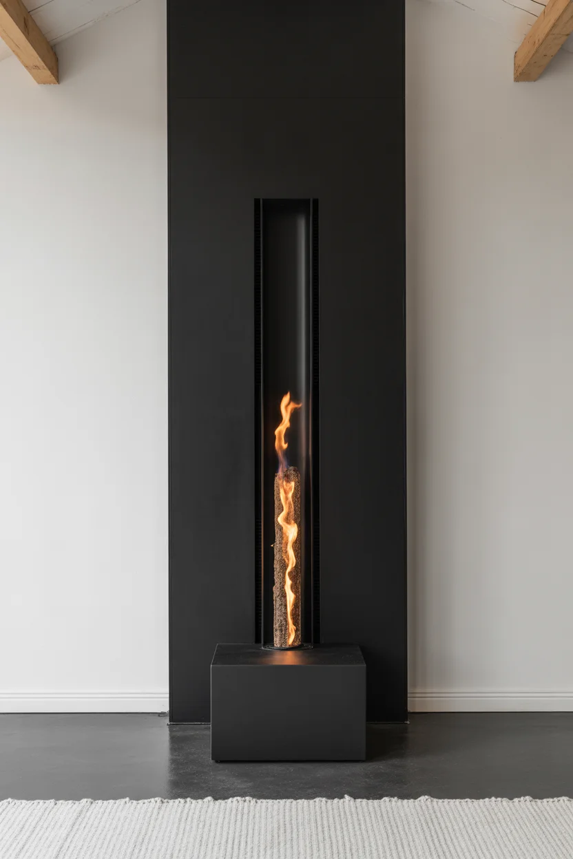 Floor-to-Ceiling Black Metal Linear Fireplace