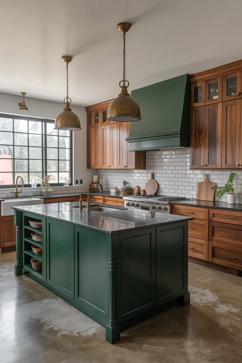 Forest Green Island With Natural Wood Surround