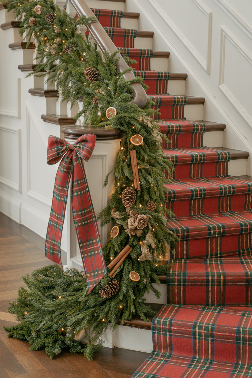 Fresh Pine Garland With Plaid Ribbon on Stairc