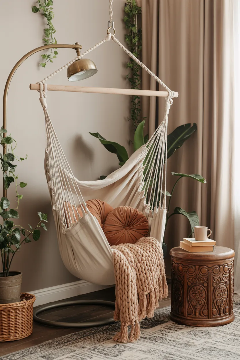 Boho Reading Corner With Hammock Chair and Floor Lamps
