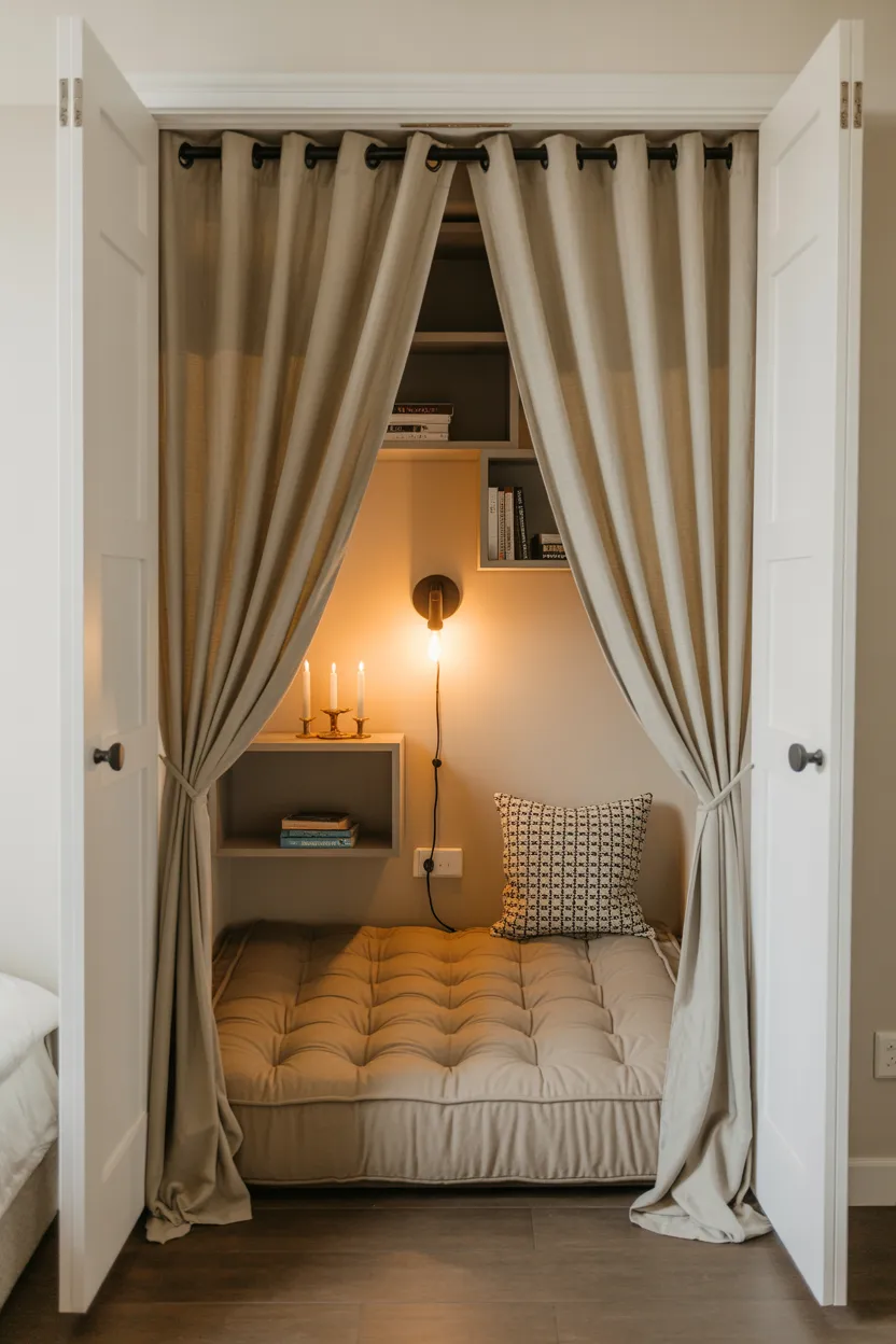Reading Nook Ideas Closet Converted Into a Cozy Reading Nook With Curtain Door