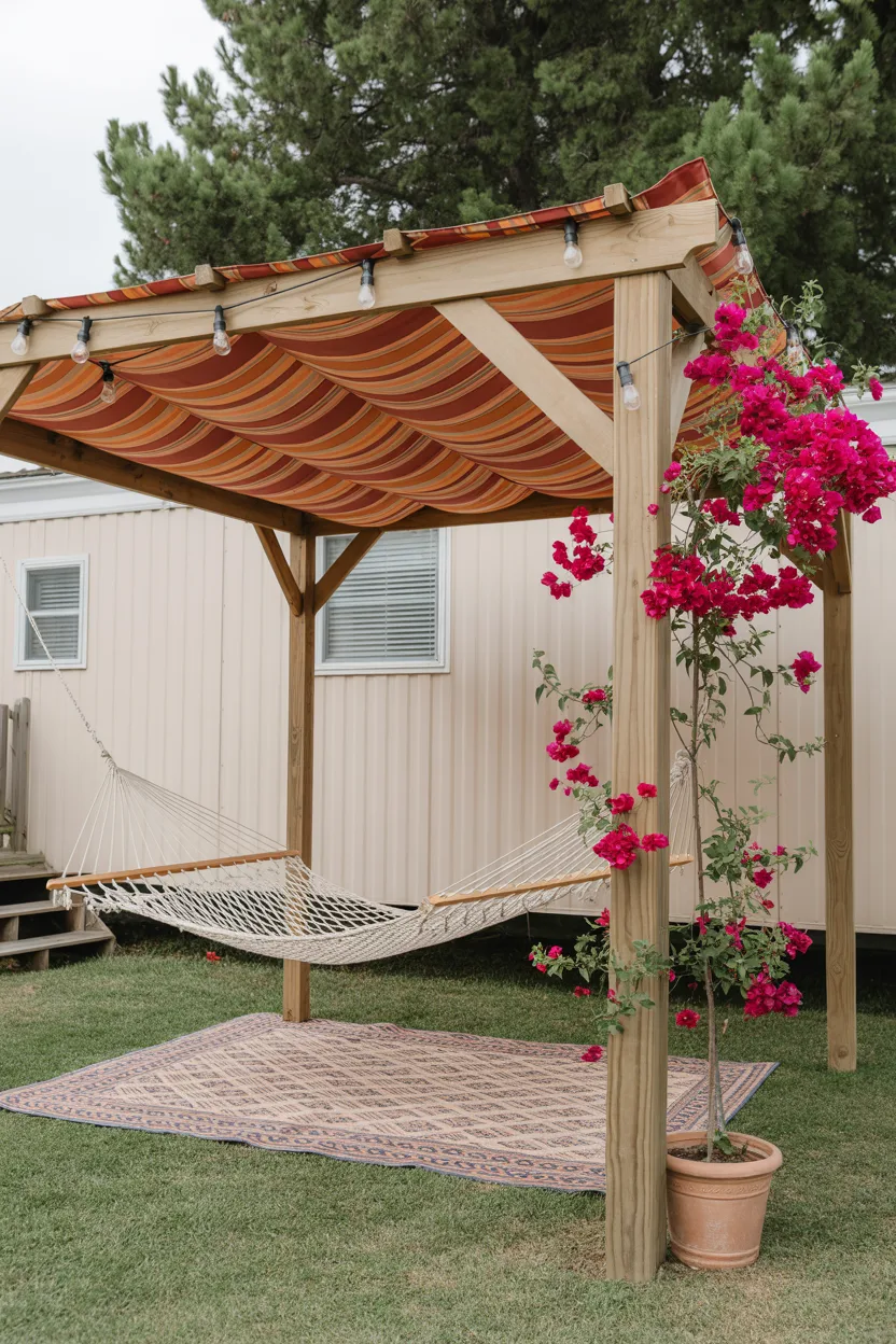 Backyard Pergola Shade Structure With Fabric Canopy and Hammock