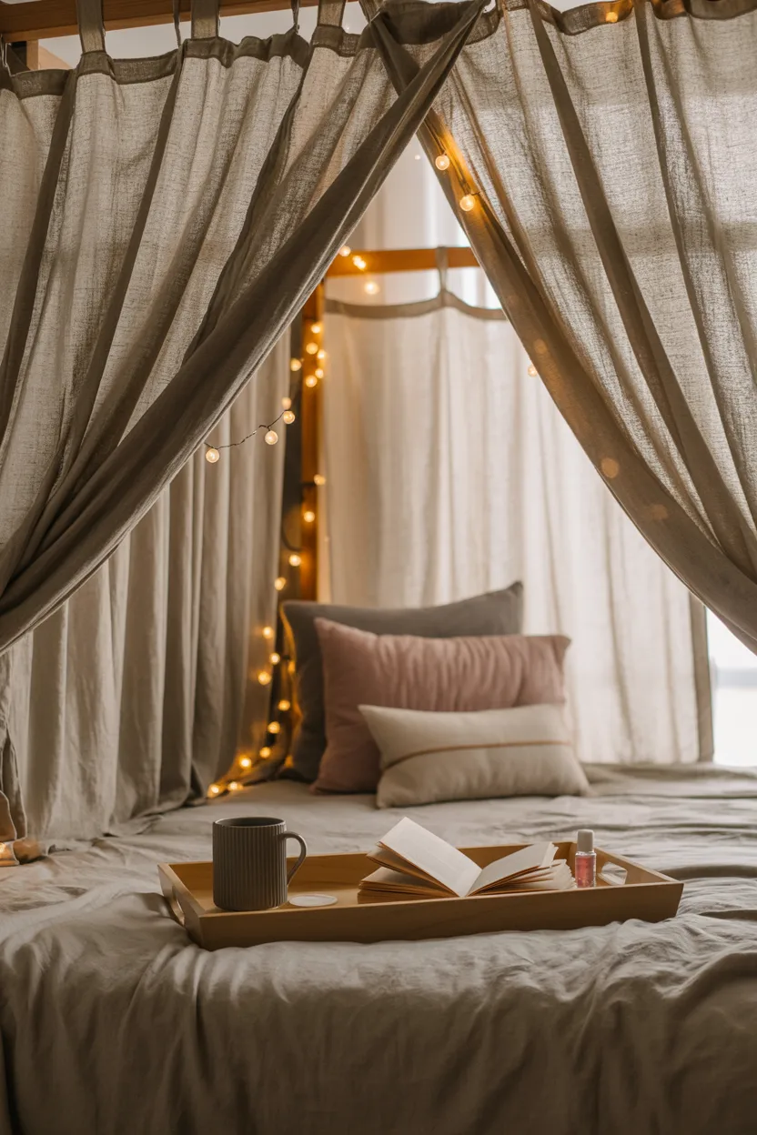 Reading Nook With Canopy Bed Frame and Curtain Enclosure