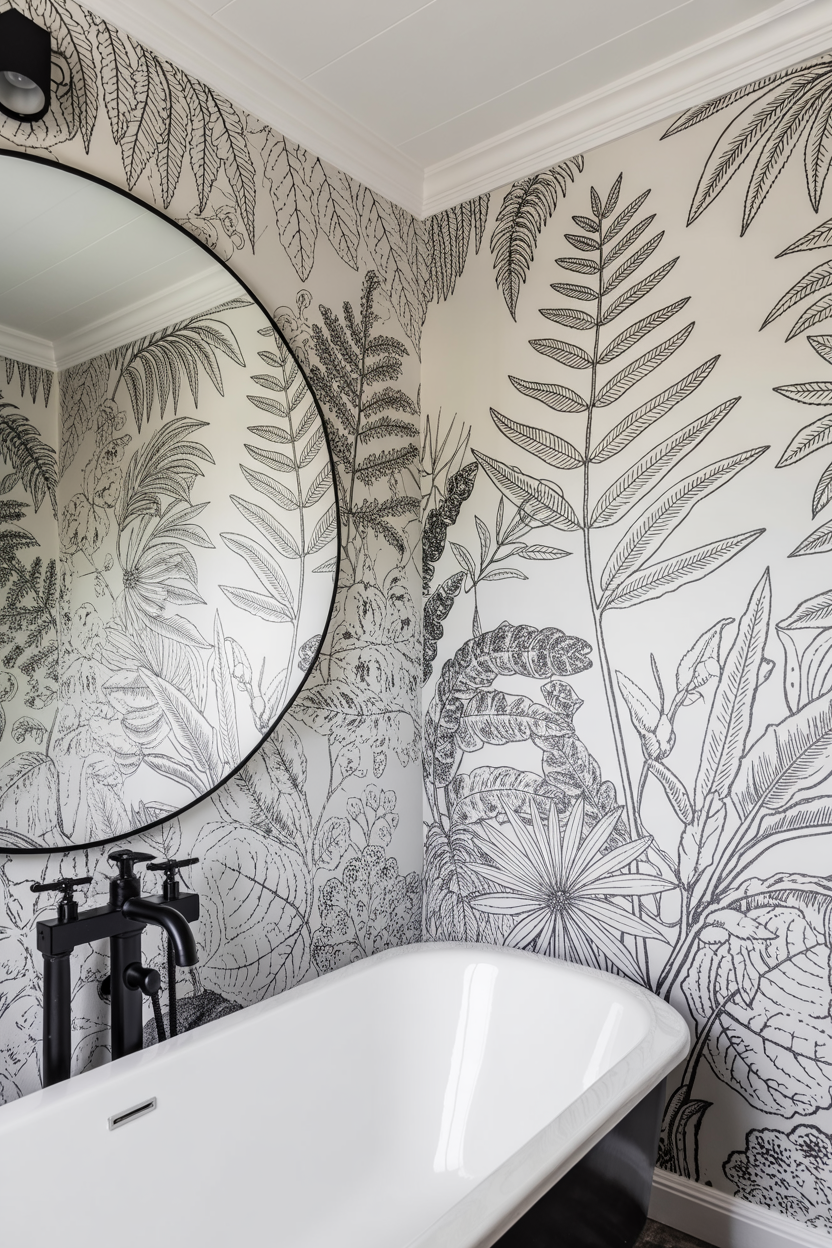Graphic Black and White Wallpaper in Bathroom