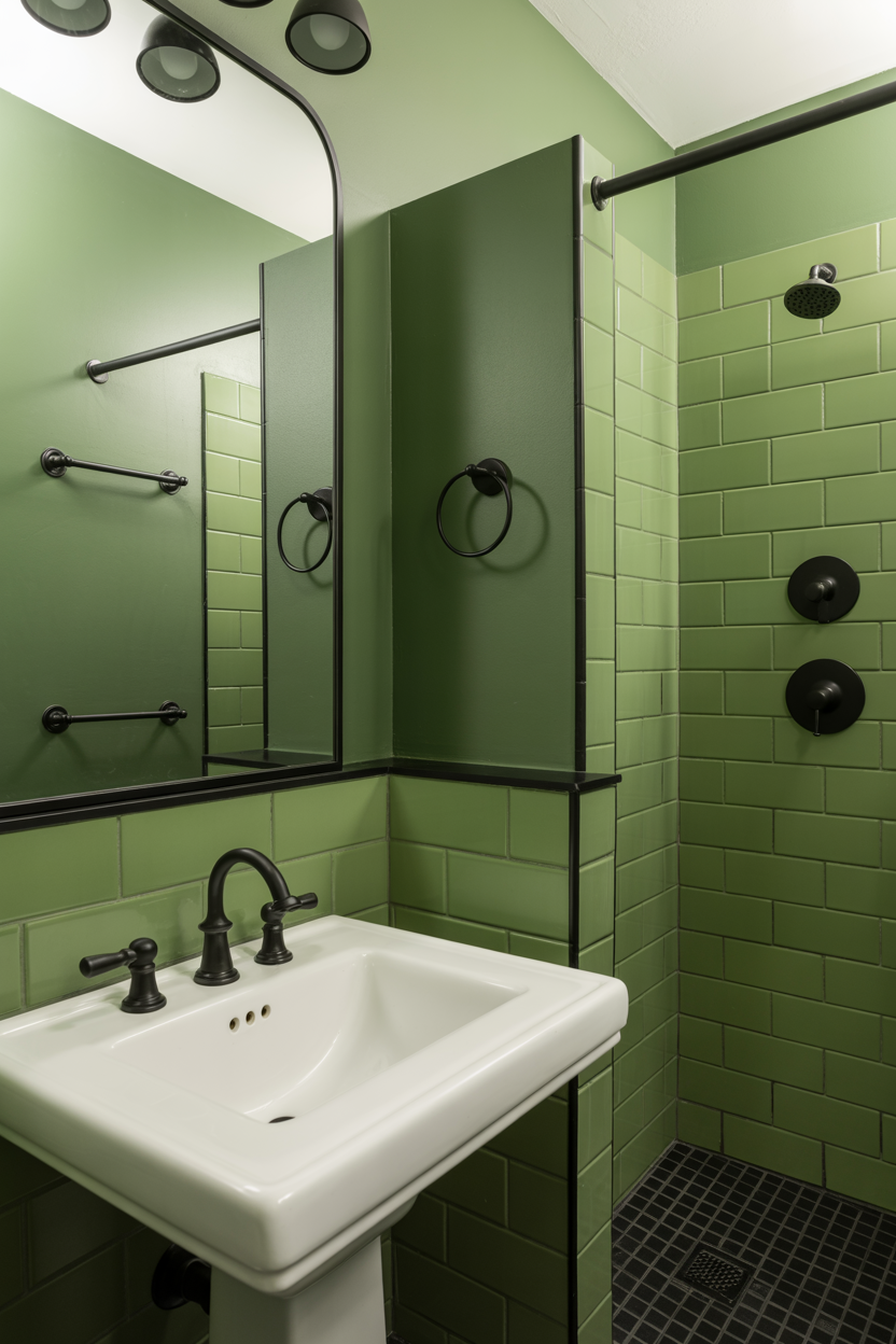 Green Bathroom With Black Accents