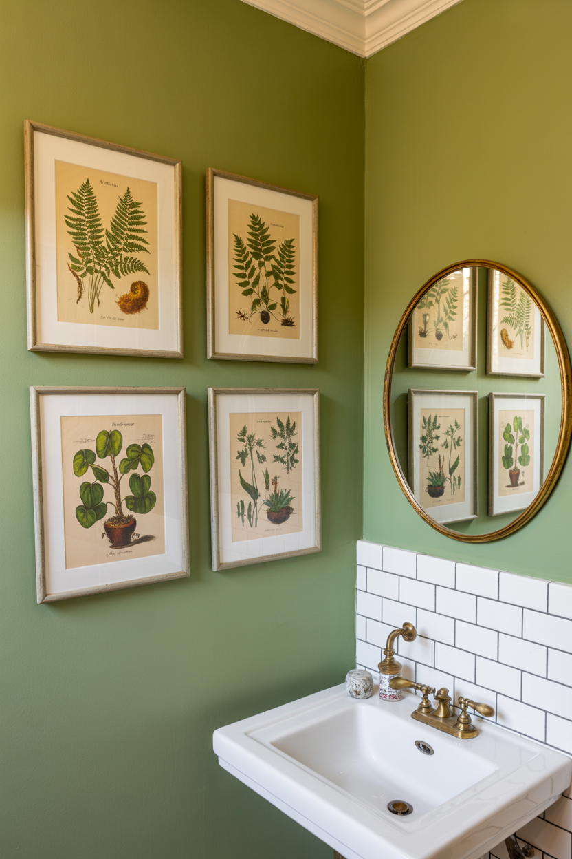 Green Bathroom With Vintage Botanical Prints