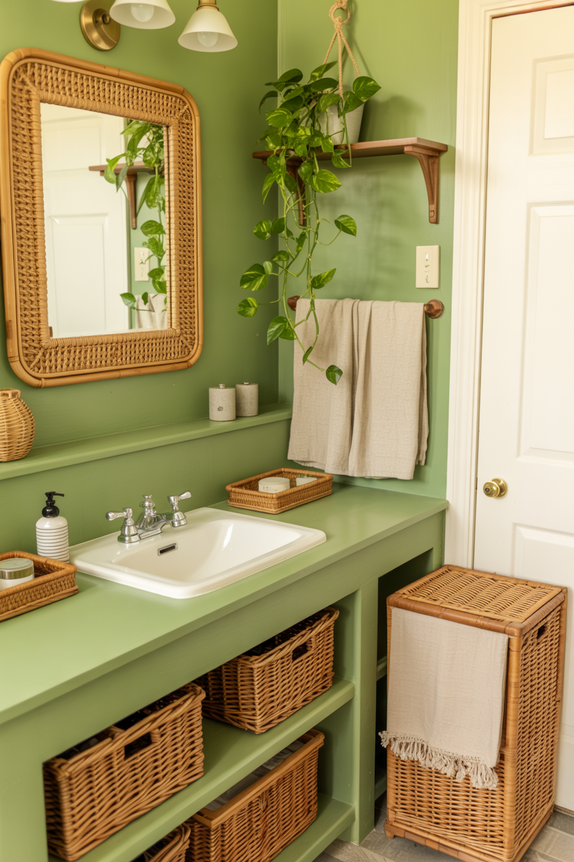 Green Bathroom With Wicker and Rattan
