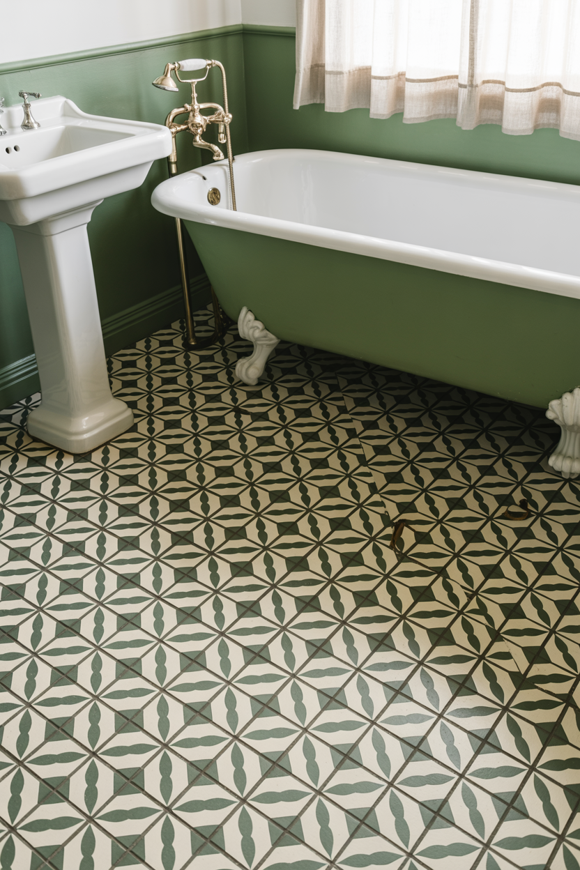 Green and White Encaustic Tile Floor