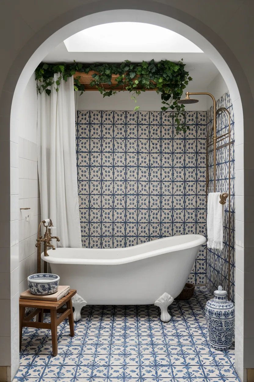 Painted Floral Tile Bathroom in Cobalt Blue and White
