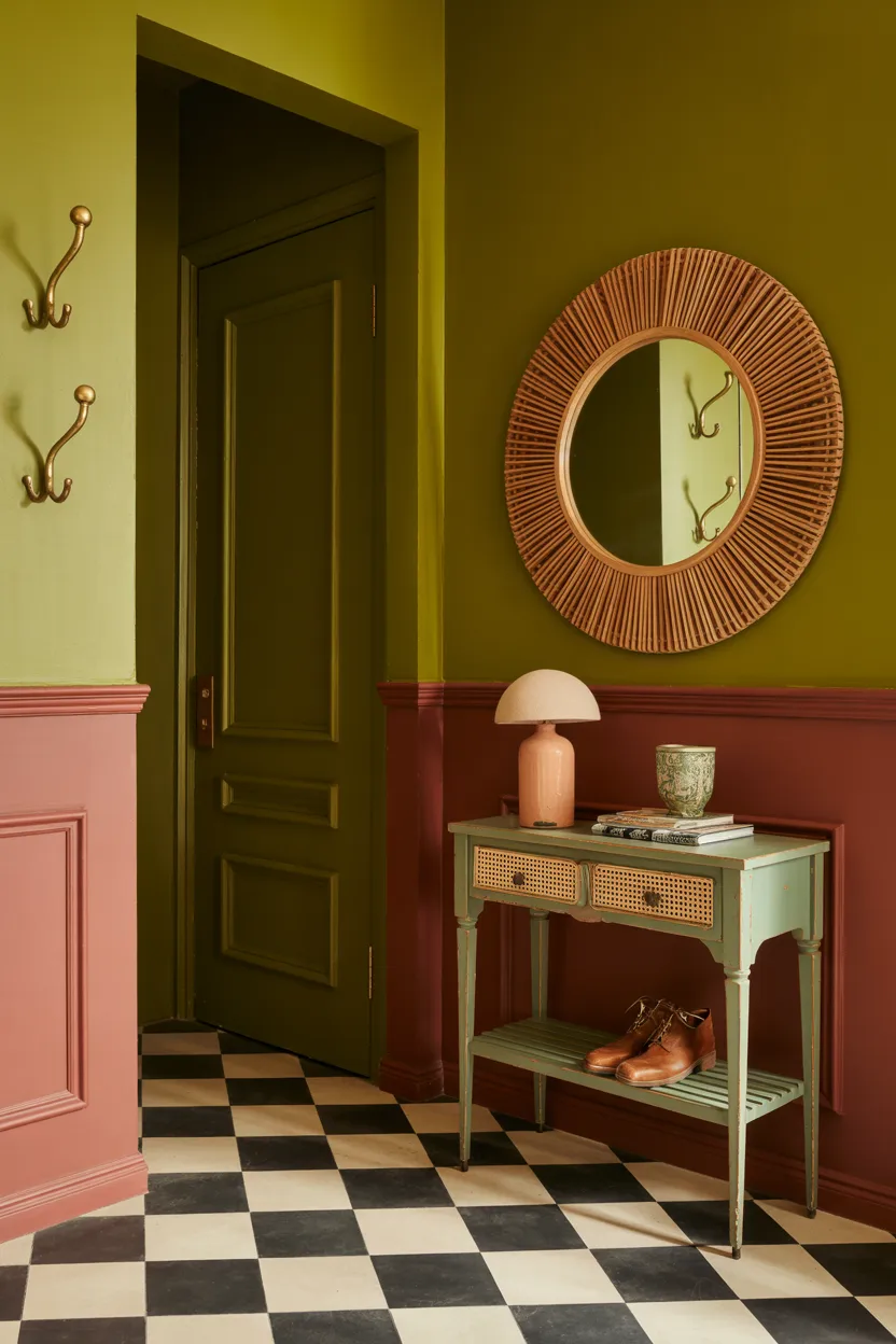 Colorful Maximalist Entryway With Painted Checkerboard Floor