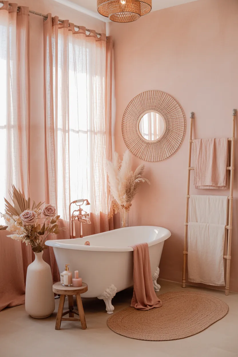 Soft Blush Pink Bathroom With Dried Floral Arrangements