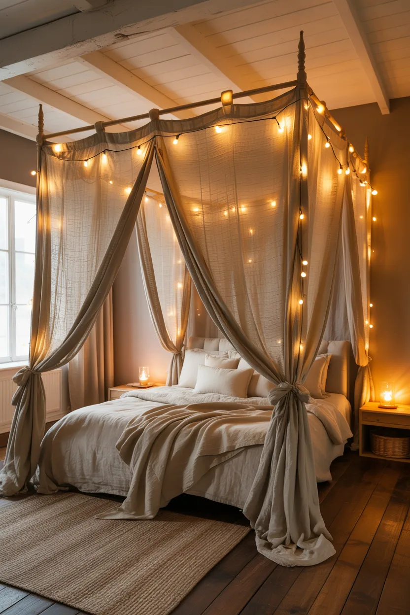 Farmhouse Bedroom With Canopy of Fairy Lights and Linen Drapes