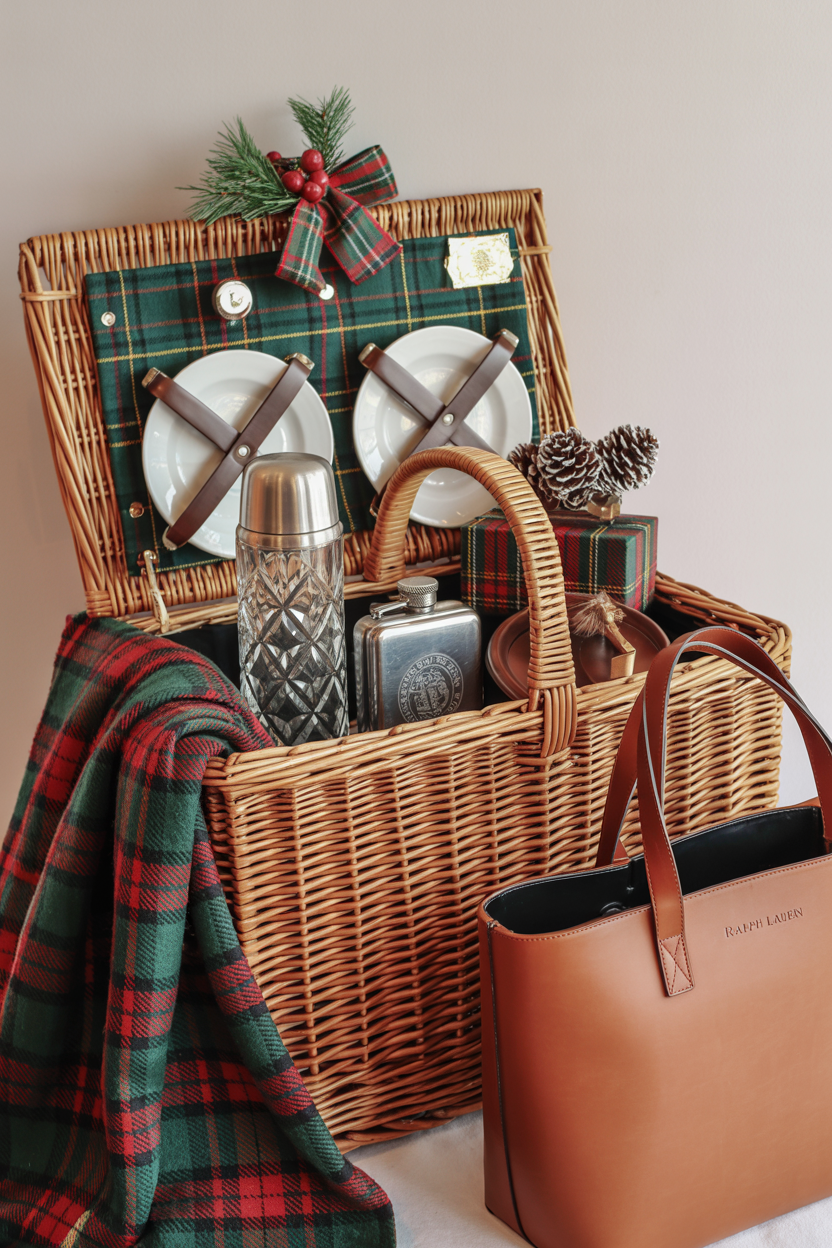 Holiday Plaid Picnic Basket and Blanket Display