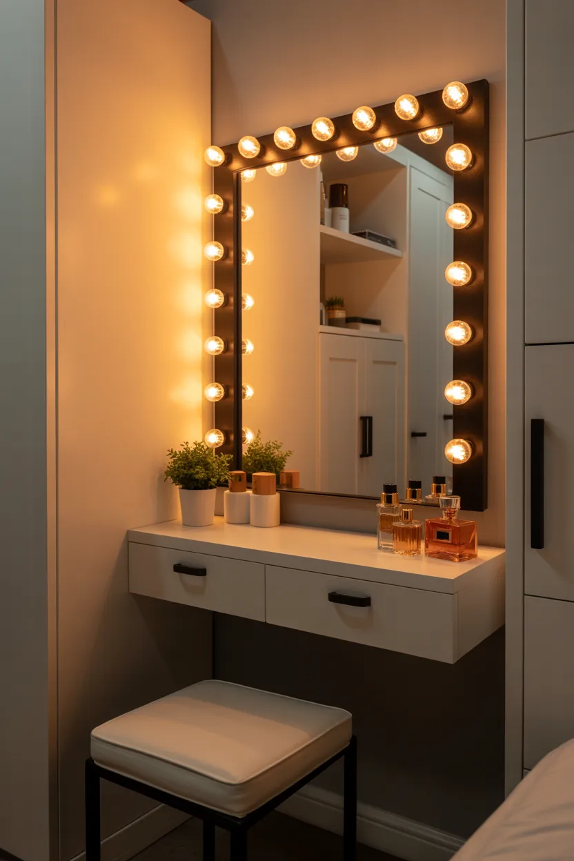  Hollywood Mirror Vanity With Warm Bulb Lighting
