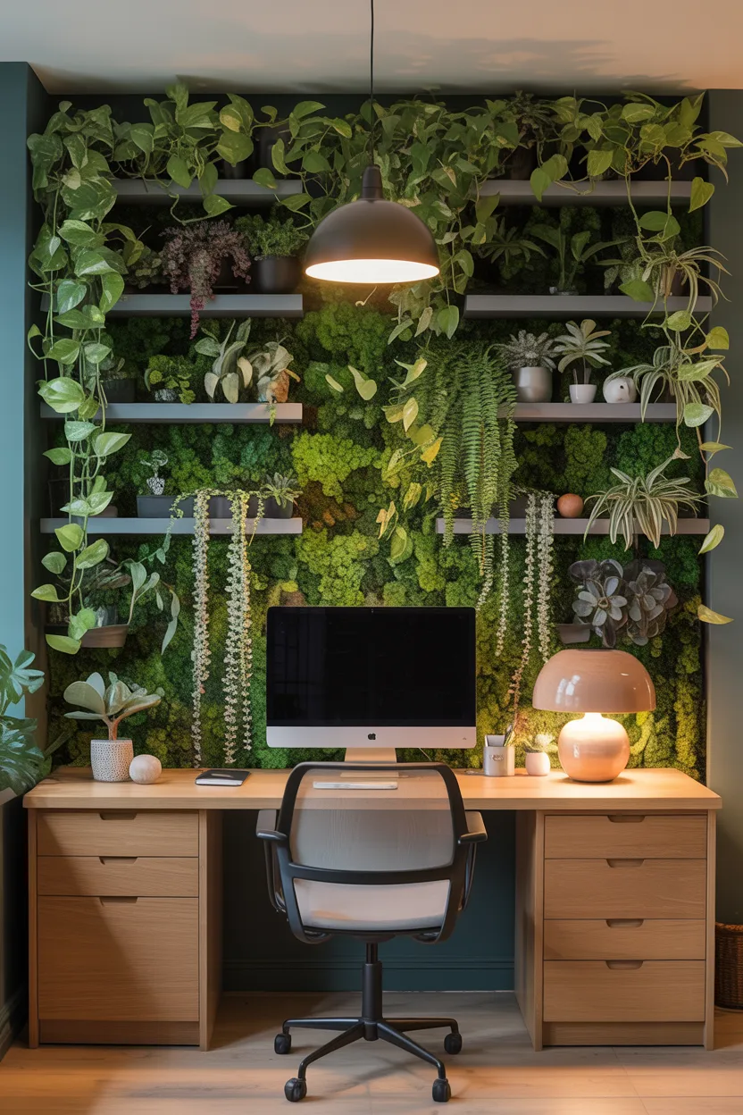 Home Office With Biophilic Plant Wall