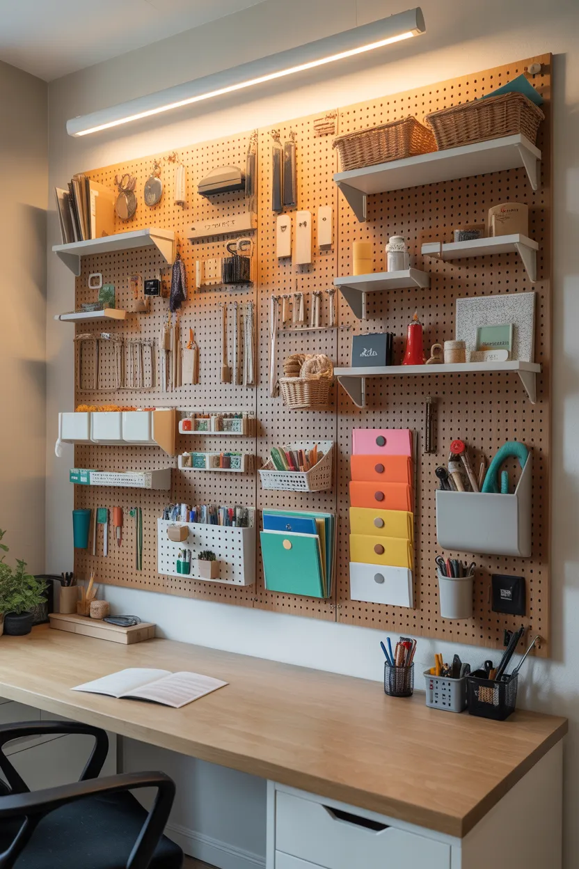 Home Office With Custom Pegboard Organization Wall