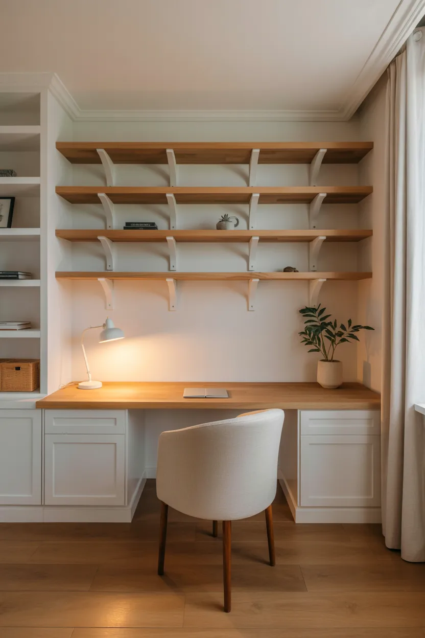 Home Office With Warm Timber and White Palette