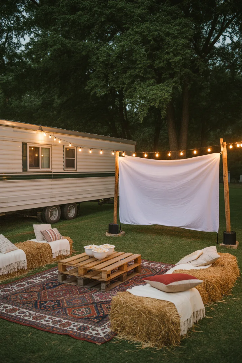 Outdoor Movie Night Setup With Projector and Hay Bale Seating