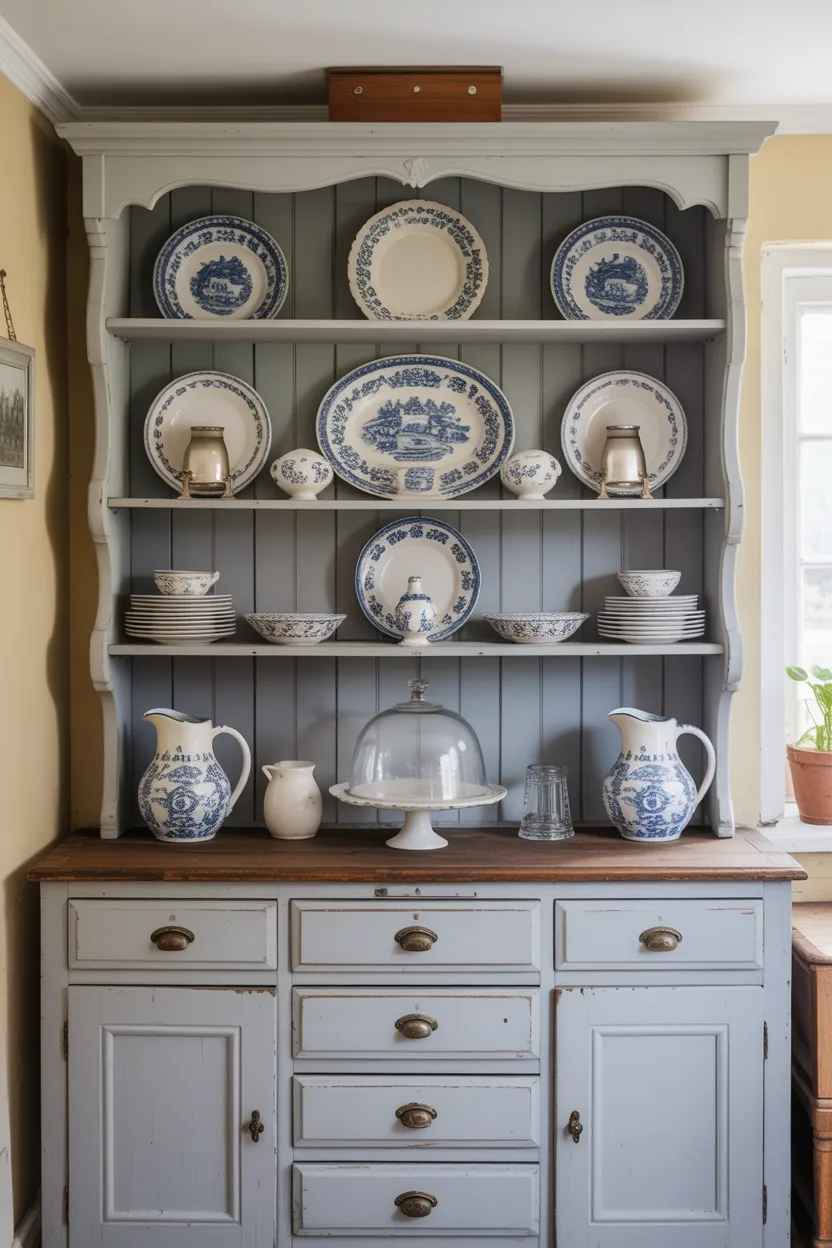 Painted Dresser as Kitchen Storage With Collected Dishware Display