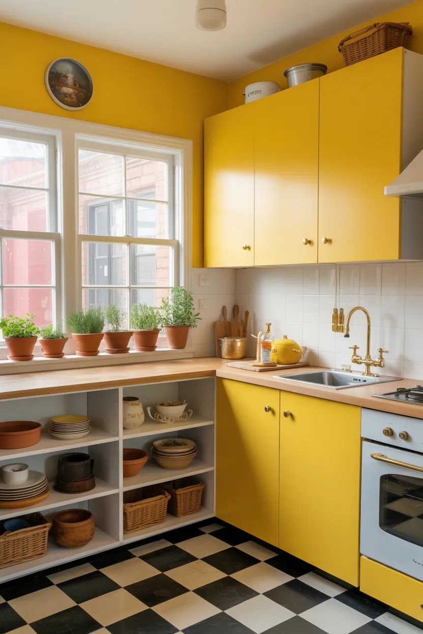 Sunny Yellow Kitchen With Black and White Checkerboard Floor