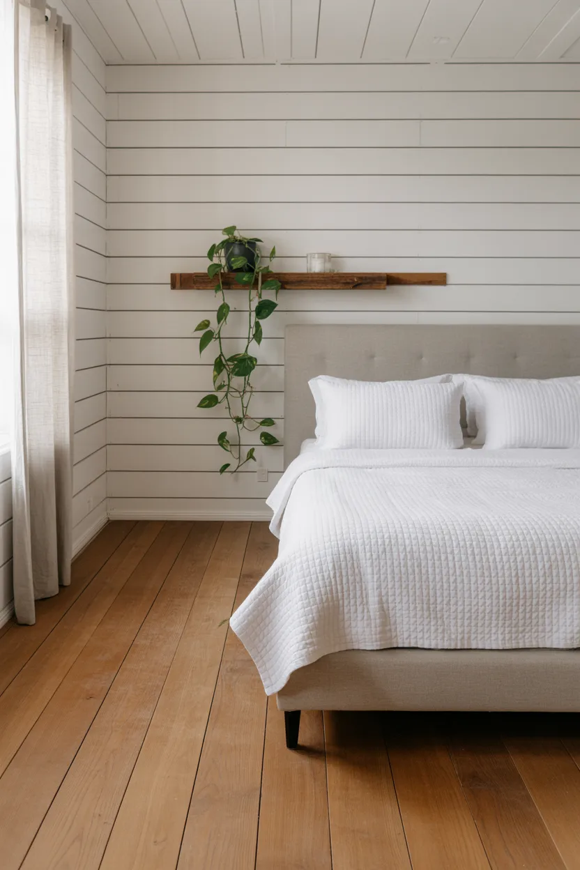 Cozy Farmhouse Bedroom Ideas White Shiplap Walls With Soft Grey Linen and Timber Floors