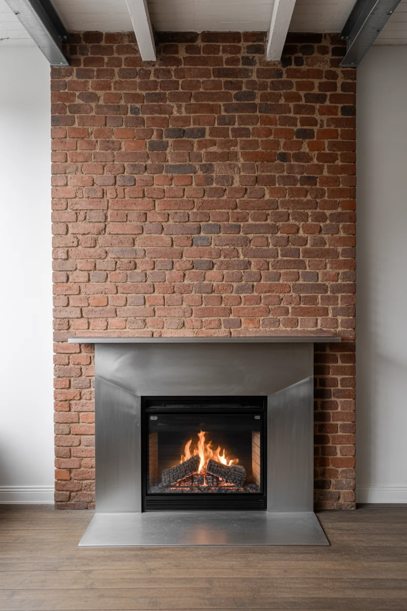 Industrial Brick Fireplace with Raw Steel Surround