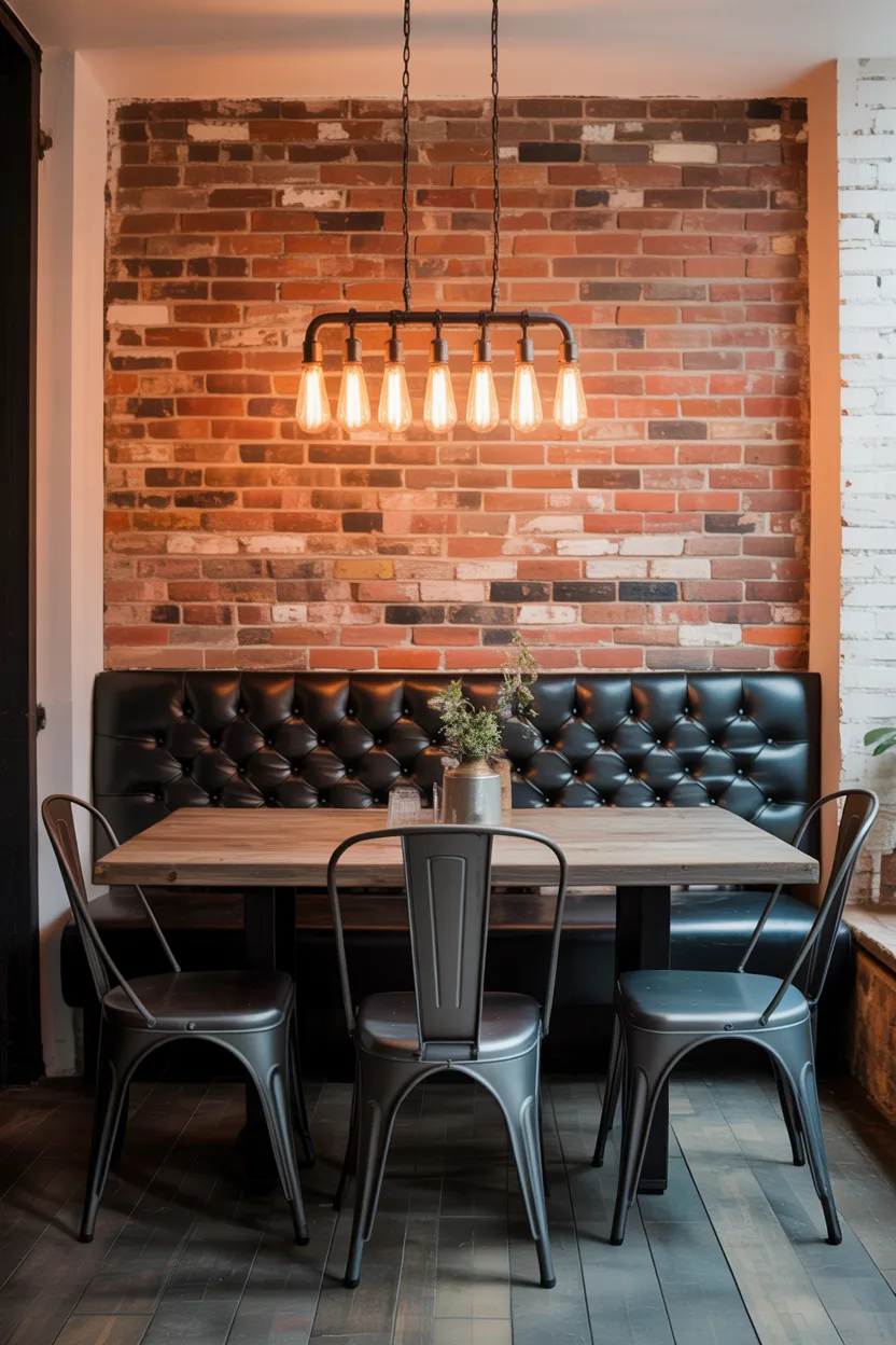 Industrial Dining Nook With Exposed Brick and Metal Accents