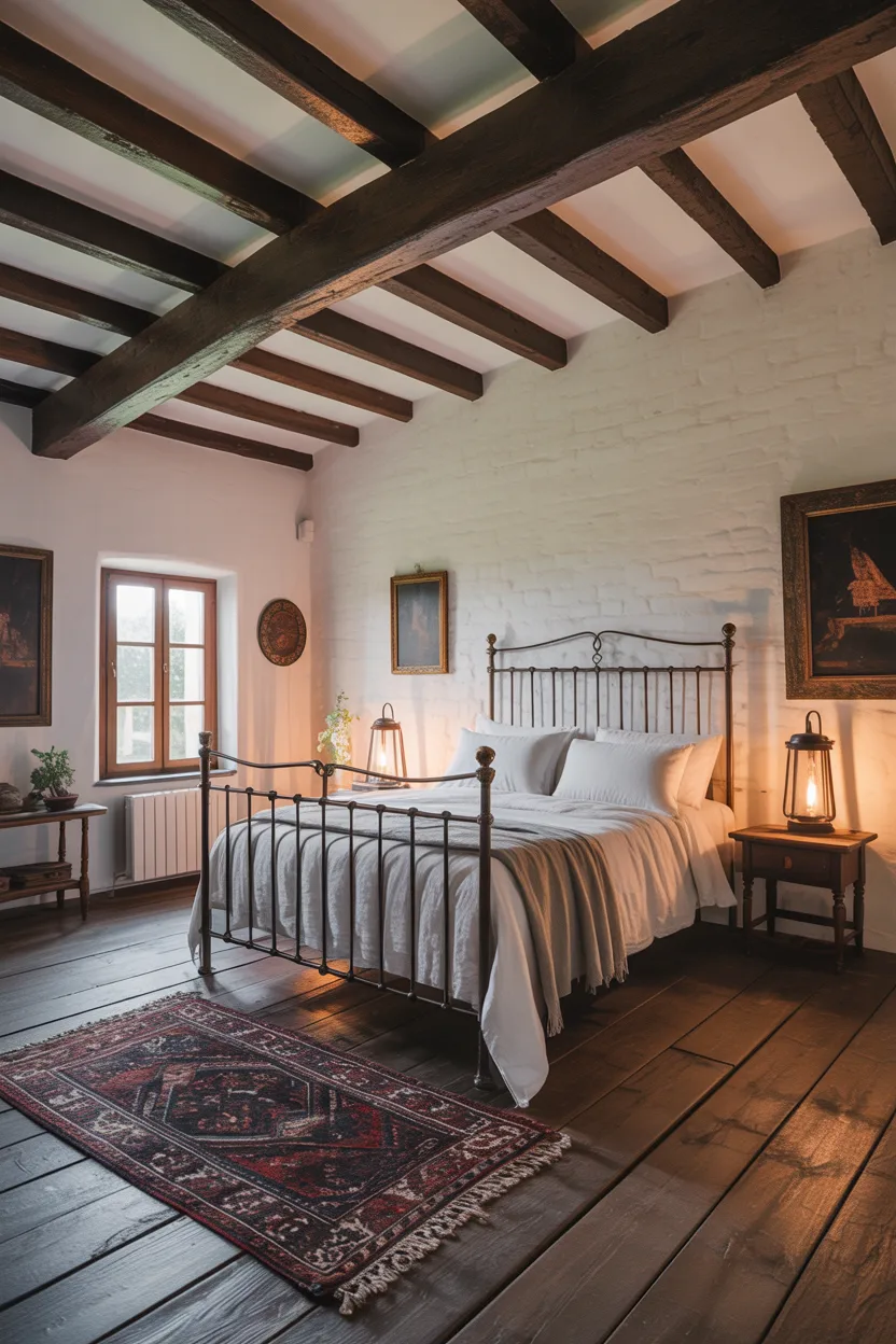 Industrial Farmhouse Bedroom With Wooden Beam Ceiling