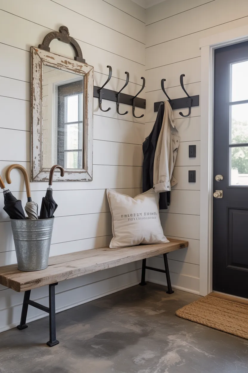 Industrial Farmhouse Entryway With Metal Coat Hooks