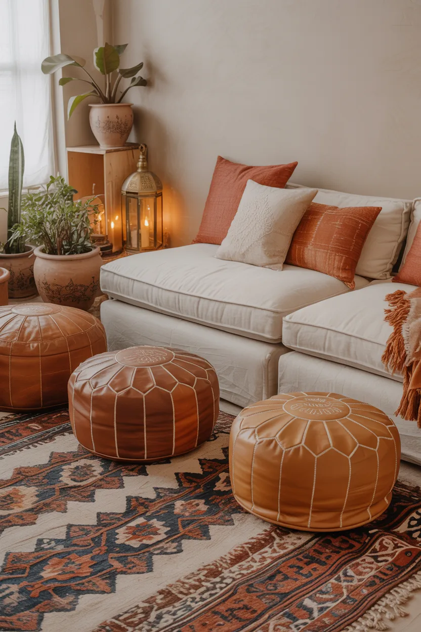 Boho Living Room Ideas Low Floor Seating With Moroccan Poufs and Kilim Rug