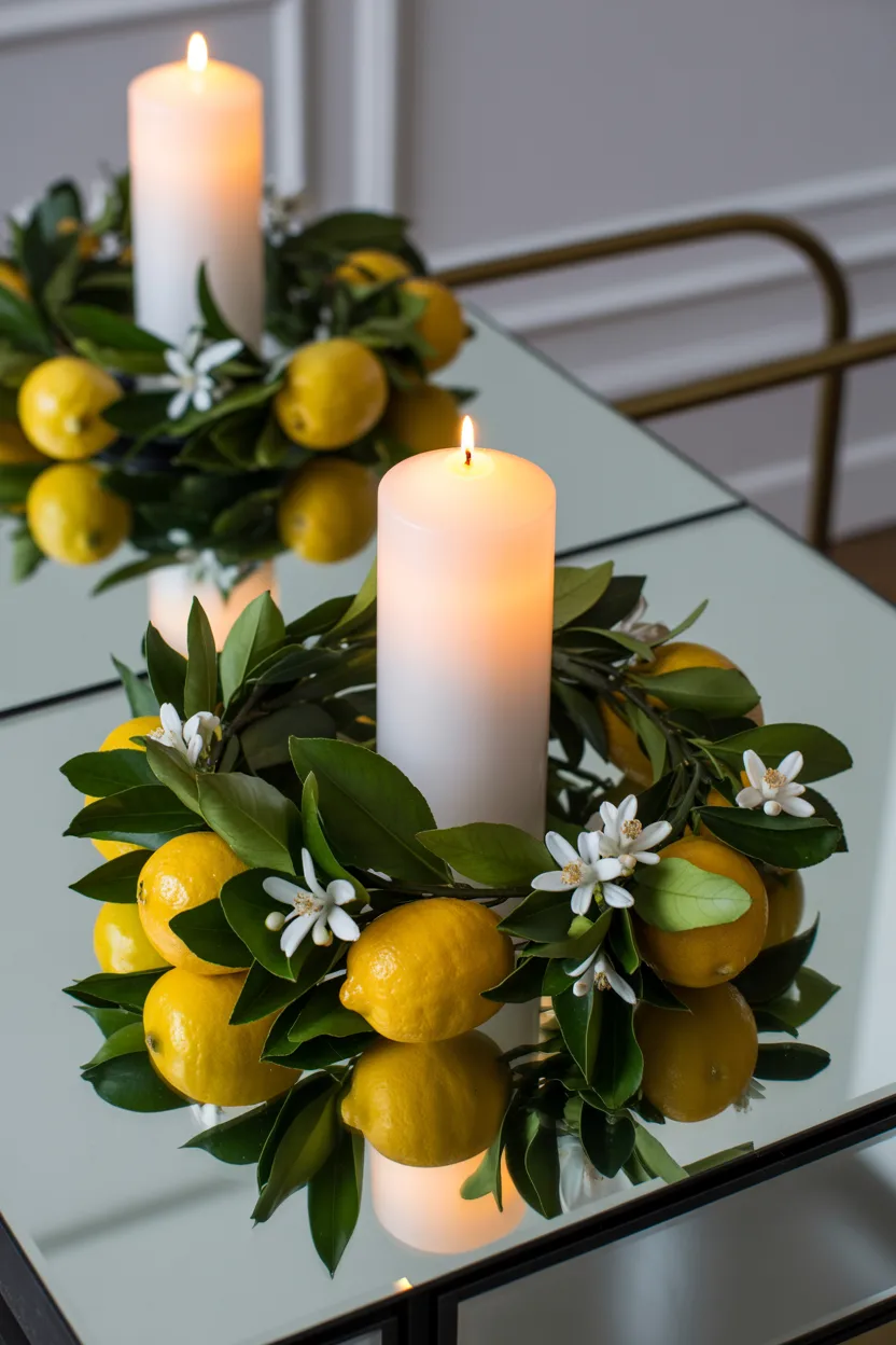 Lemon Wreath Laid Around a Candle Pillar