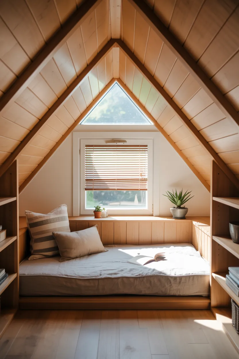 Attic Reading Nook With Sloped Ceiling and Skylight