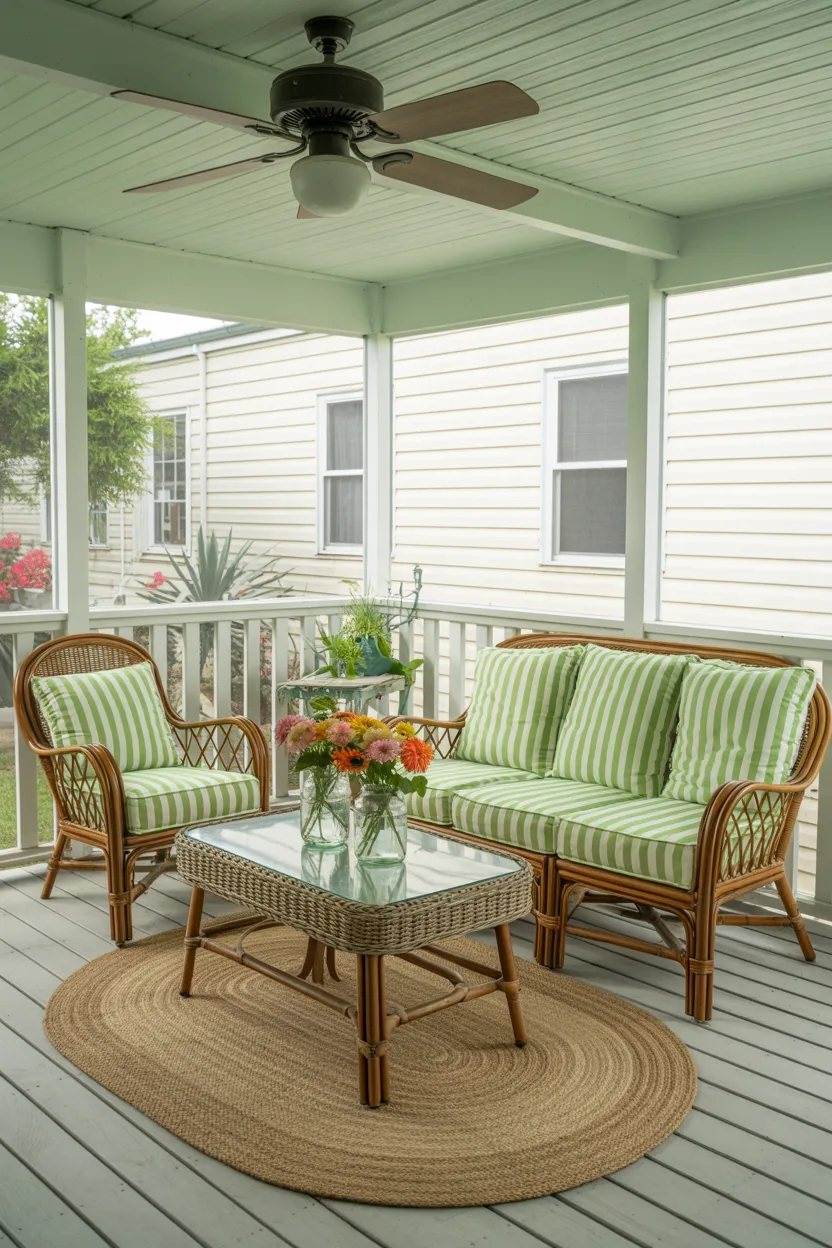 Screened-In Porch Addition With Vintage Furniture and Fan