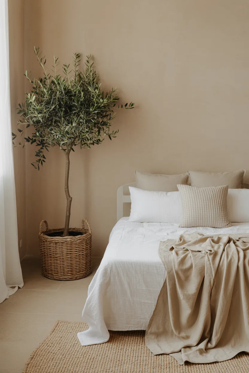 Farmhouse Bedroom With Potted Olive Tree and Natural Linen