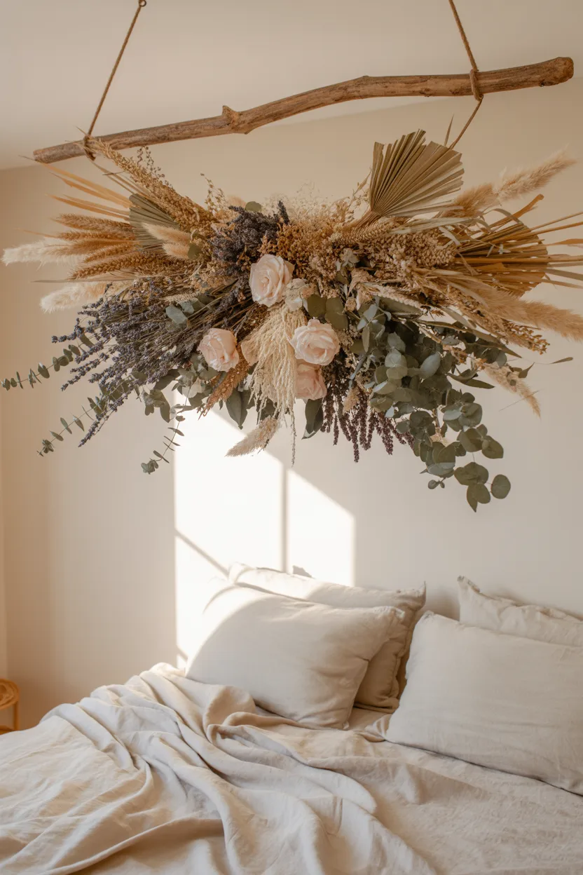 Dried Botanical Ceiling Installation Above the Bed
