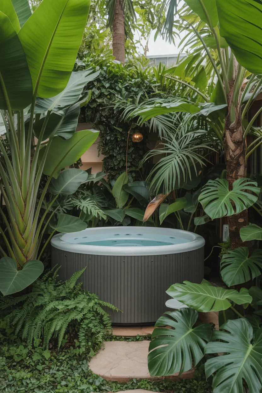 Jacuzzi Surrounded by Tropical Plants for a Jungle Feel