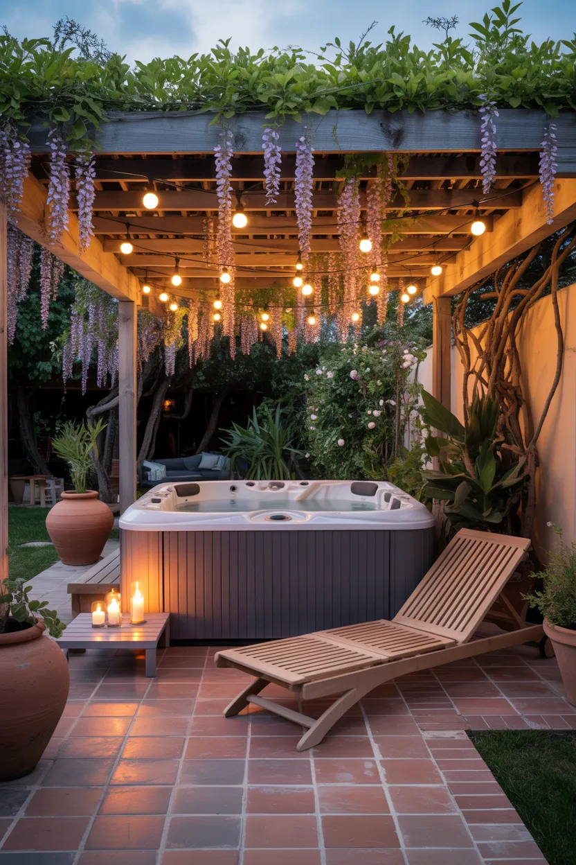  Jacuzzi Under a Wooden Pergola With String Lights