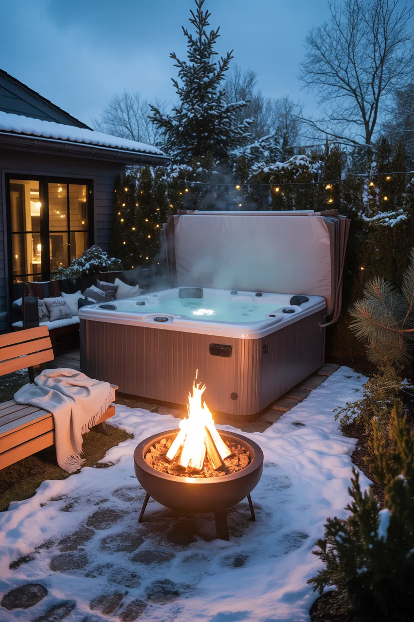 Jacuzzi With Fire Pit Beside It for Winter Soaking