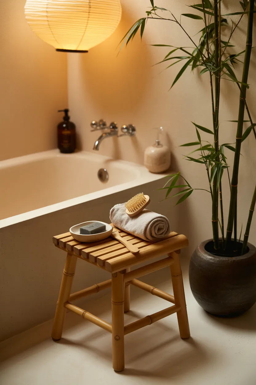  Japandi Bathroom With Bamboo Stool and Natural Accessories
