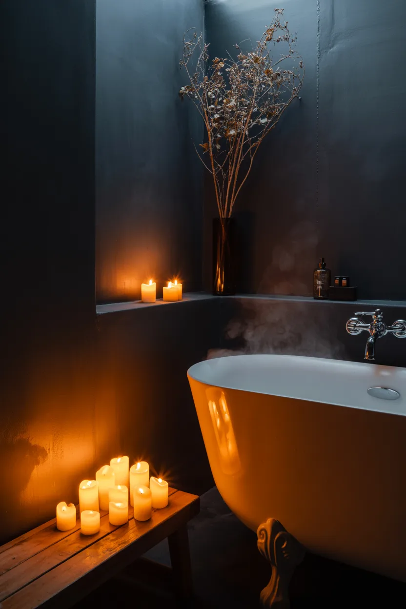 Japandi Bathroom With Dark Walls and Warm Candlelight