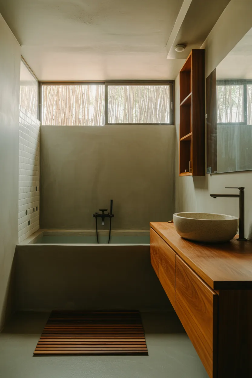 Japandi Bathroom With Exposed Concrete and Warm Wood