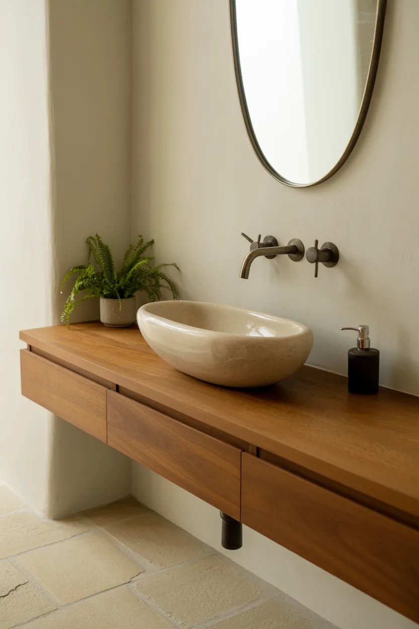 Japandi Bathroom With Floating Teak Vanity and Vessel Sink