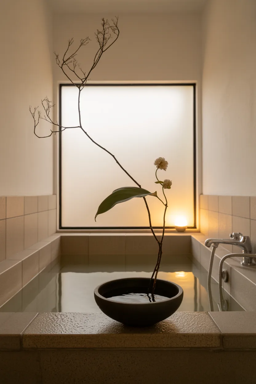  Japandi Bathroom With Ikebana Arrangement on the Bathtub Edge