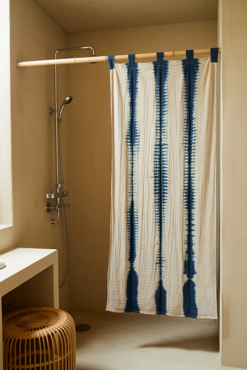 Japandi Bathroom With Japanese Noren Textile Divider