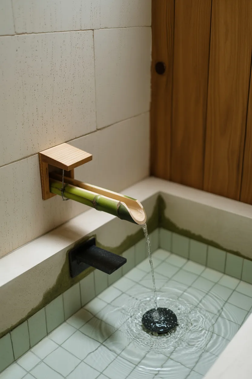 Japandi Bathroom With Meditative Sound — Bamboo Water Feature