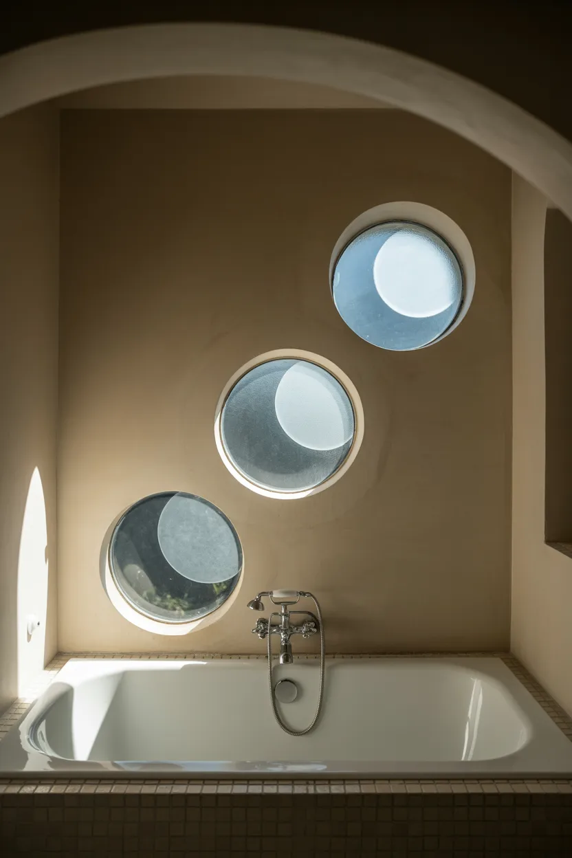 Japandi Bathroom With Moon-Phase Frosted Window
